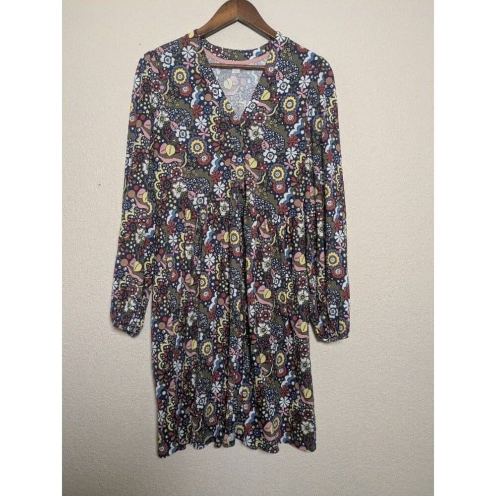 Boden Mod Floral Print V Neck Smocked Tunic Dress Size 8R Long Sleeve Retro Boho